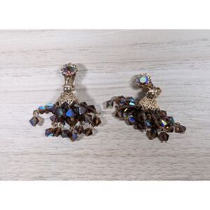Vintage Aurora Borealis Crystal Beaded Chandelier Clip On Earrings Gold Tone